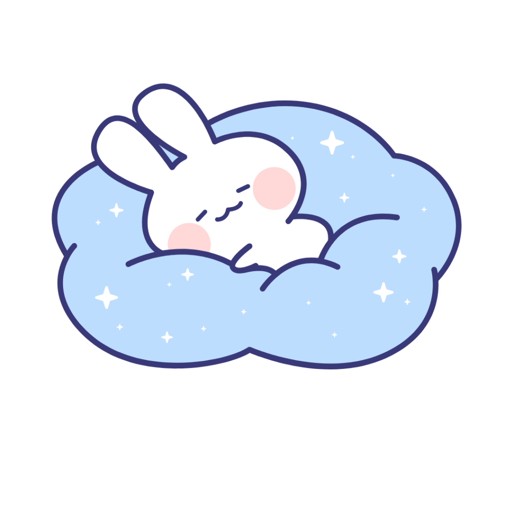 Cute cartoon bunny lying on a fluffy cloud-like cushion, looking peaceful and relaxed.